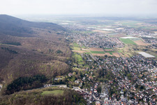 Oblique view of District Jugenheim an der Bergstrasse in Seeheim-Jugenheim in the state Hesse, Germany