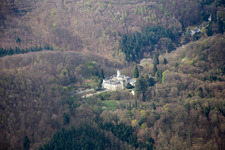 Tannenberg Castle Ruins in Seeheim-Jugenheim in the state Hesse, Germany from above