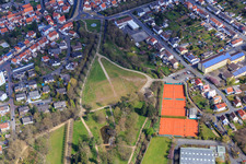 Aerial photograpy of Sports fields of the Blau-Gelb eV sports club and Schloßgartenhalle Dieburg in Dieburg in the state Hesse, Germany