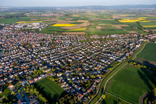 Aerial view of Town View of the streets and houses of the residential areas in Stockstadt am Rhein in the state Hesse, Germany