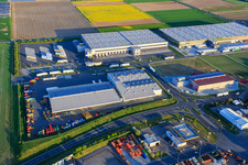 Aerial view of Marie-Curie-Straße industrial estate with DSV, LOGI-K GmbH and FRISTO SE branch Gernsheim in Gernsheim in the state Hesse, Germany
