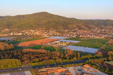 View of the village at the foot of the Melibokus and asparagus and fruit farm Wendel in Zwingenberg in the state Hesse, Germany