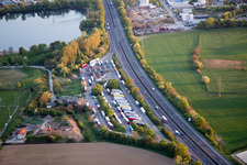 Aerial view of Motorway service area on the edge of the course of BAB highway A5 Bergstrasse in the district Auerbach in Bensheim in the state Hesse