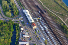 Aerial view of Wörth (Rhine) train station in Wörth am Rhein in the state Rhineland-Palatinate, Germany