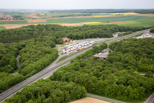 Routing and traffic lanes during the motorway service station and parking lot of the BAB A 7 Riedener Wald Ost in Hausen in the state Bavaria