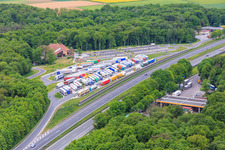 Route and lanes along the motorway service area and car park of the BAB A7 Riedener Wald Ost in Hausen bei Würzburg in the state Bavaria, Germany