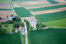 Aerial view of Ferry bridge, pilgrimage church in Hausen bei Würzburg in the state Bavaria, Germany