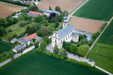 Aerial photograpy of Ferry bridge, pilgrimage church in Hausen bei Würzburg in the state Bavaria, Germany