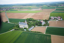 Oblique view of Ferry bridge, pilgrimage church in Hausen bei Würzburg in the state Bavaria, Germany