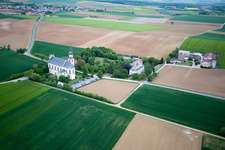 Ferry bridge, pilgrimage church in Hausen bei Würzburg in the state Bavaria, Germany from above