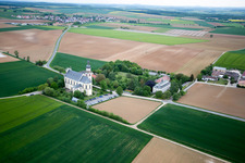 Ferry bridge, pilgrimage church in Hausen bei Würzburg in the state Bavaria, Germany out of the air