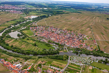 Aerial view of Wine town on the Main river in the district Fahr in Volkach in the state Bavaria, Germany