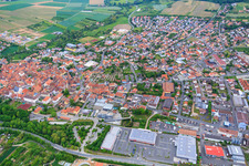 Aerial photograpy of City view on the Main from the west in Volkach in the state Bavaria, Germany
