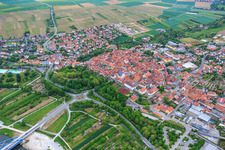 Aerial view of Old town from the southwest in Volkach in the state Bavaria, Germany