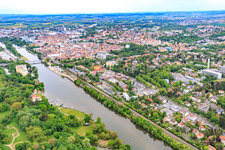 Main river bank with train station in Schweinfurt in the state Bavaria, Germany