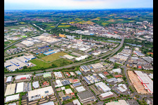 Aerial view of Industrial area Hafen West with SKF GmbH Plant 3, ZF Friedrichshafen Plant South and GKS in Schweinfurt in the state Bavaria, Germany