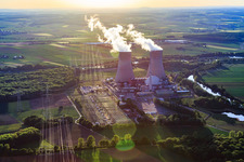 Preussenelektra GmbH — Nuclear power plant Grafenrheinfeld in the evening light in Grafenrheinfeld in the state Bavaria, Germany