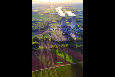 Aerial view of Preussenelektra GmbH — Nuclear power plant Grafenrheinfeld in the evening light in Grafenrheinfeld in the state Bavaria, Germany