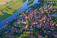 Oblique view of Village view at the Main ferry Wipfeld from the north in Wipfeld in the state Bavaria, Germany