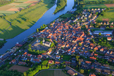 Village view at the Main ferry Wipfeld from the north in Wipfeld in the state Bavaria, Germany from above