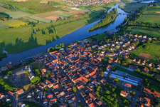 Village view at the Main ferry Wipfeld from the north in Wipfeld in the state Bavaria, Germany seen from above
