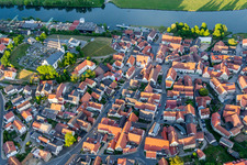 Aerial view of Village on the river bank areas of the Main river in Wipfeld in the state Bavaria, Germany