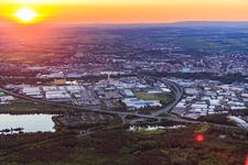 Aerial photograpy of Industrial area HAFEN WEST and HAFEN OST behind the A70 at sunset in Schweinfurt in the state Bavaria, Germany