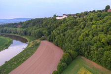 Aerial view of FÜRSTENBERG CASTLE MUSEUM above the Weser in Fürstenberg in the state Lower Saxony, Germany