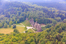 Aerial photograpy of Externsteine cult site from the Middle Ages with nature reserve in the district Holzhausen-Externsteine in Horn-Bad Meinberg in the state North Rhine-Westphalia, Germany