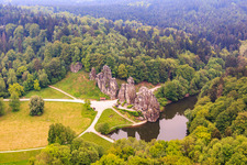 Oblique view of Externsteine cult site from the Middle Ages with nature reserve in the district Holzhausen-Externsteine in Horn-Bad Meinberg in the state North Rhine-Westphalia, Germany