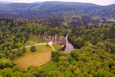 Externsteine cult site from the Middle Ages with nature reserve in the district Holzhausen-Externsteine in Horn-Bad Meinberg in the state North Rhine-Westphalia, Germany out of the air
