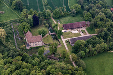 Aerial photograpy of Thienhausen moated castle in the district Rolfzen in Steinheim in the state North Rhine-Westphalia, Germany