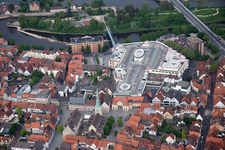 Aerial view of Church building in of Marktkirche St. Nicolai Old Town- center of downtown in Hameln in the state Lower Saxony, Germany