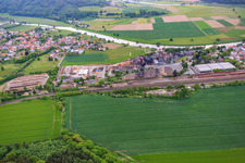Aerial view of Wood processing on the banks of the Weser by proFagus GmbH in Bodenfelde in the state Lower Saxony, Germany