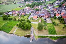 Aerial view of Ferry ship of the Weser ferry Wahmbeck in Wahmbeck in the state Lower Saxony, Germany