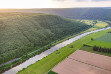 Aerial photograpy of Course of the Weser between Hesse and Lower Saxony in the district Wahmbeck in Bodenfelde in the state Lower Saxony, Germany