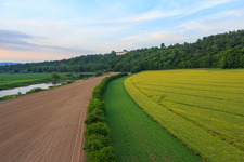 Oblique view of FÜRSTENBERG CASTLE MUSEUM above the Weser in Fürstenberg in the state Lower Saxony, Germany