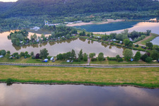 Aerial view of Ahlemeyer recreational area beyond the Weser in the district Godelheim in Höxter in the state North Rhine-Westphalia, Germany