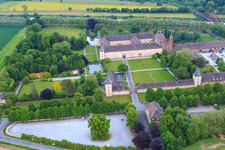 Aerial photograpy of UNESCO World Heritage Site Corvey Castle on the Weser in Höxter in the state North Rhine-Westphalia, Germany