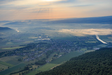 Aerial view of View of the town in the morning mist from the west in the district Albaxen in Höxter in the state North Rhine-Westphalia, Germany
