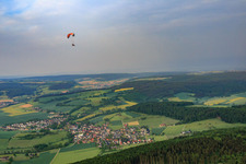 View of the town in the morning mist from the north in the district Brenkhausen in Höxter in the state North Rhine-Westphalia, Germany