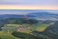 Village view at wind farm Köterberg from the northwest in the district Köterberg in Lügde in the state North Rhine-Westphalia, Germany