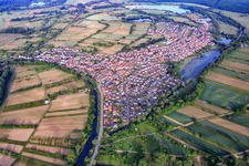 Aerial view of Village view from the east in Neuburg am Rhein in the state Rhineland-Palatinate, Germany