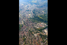 Aerial photograpy of City view from the west on the Enz in the district Brötzingen in Pforzheim in the state Baden-Wuerttemberg, Germany