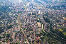City view from the west on the Enz with Westliche Karl-Friedrich-Straße in the district Weststadt in Pforzheim in the state Baden-Wuerttemberg, Germany