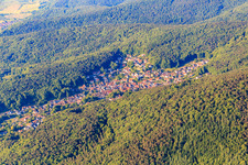 Village view hidden in the Palatinate Forest from the north in Dörrenbach in the state Rhineland-Palatinate, Germany