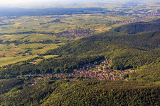 Aerial view of Village view hidden in the Palatinate Forest from the north in Dörrenbach in the state Rhineland-Palatinate, Germany