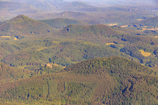 Aerial view of Berwartstein Castle behind the Schniddelfels in Erlenbach bei Dahn in the state Rhineland-Palatinate, Germany