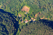 Aerial photograpy of Village view in the Palatinate Forest from the east in the district Reisdorf in Erlenbach bei Dahn in the state Rhineland-Palatinate, Germany