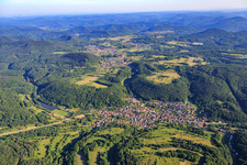 Aerial view of View of the village at Klingbach in the Palatinate Forest from the south in Silz in the state Rhineland-Palatinate, Germany
